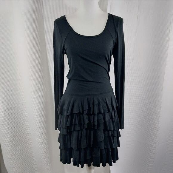KAREN KANE! BLACK LONG SLEEVE, TIERED RUFFLE BOTTOM JERSEY DRESS! SZ M - Picture 2 of 11